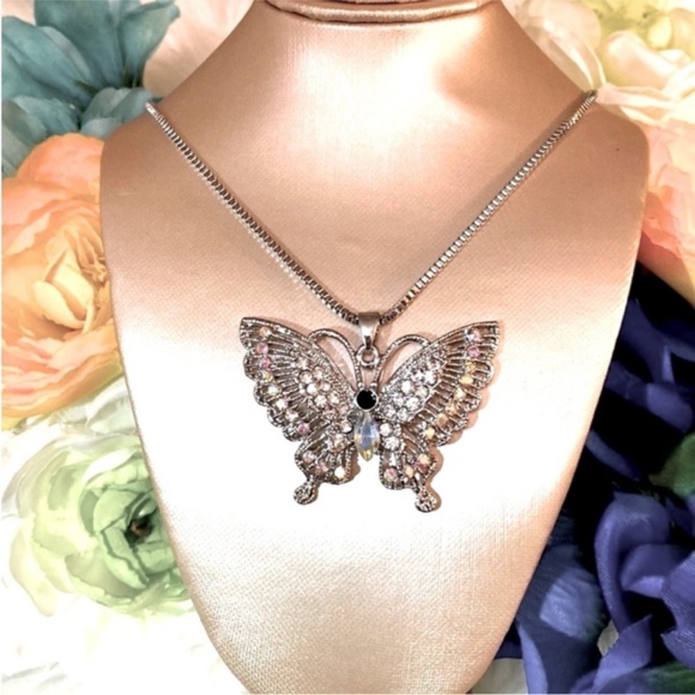 Butterfly Pendant Necklace With Iridescent Gemstones NEW!
